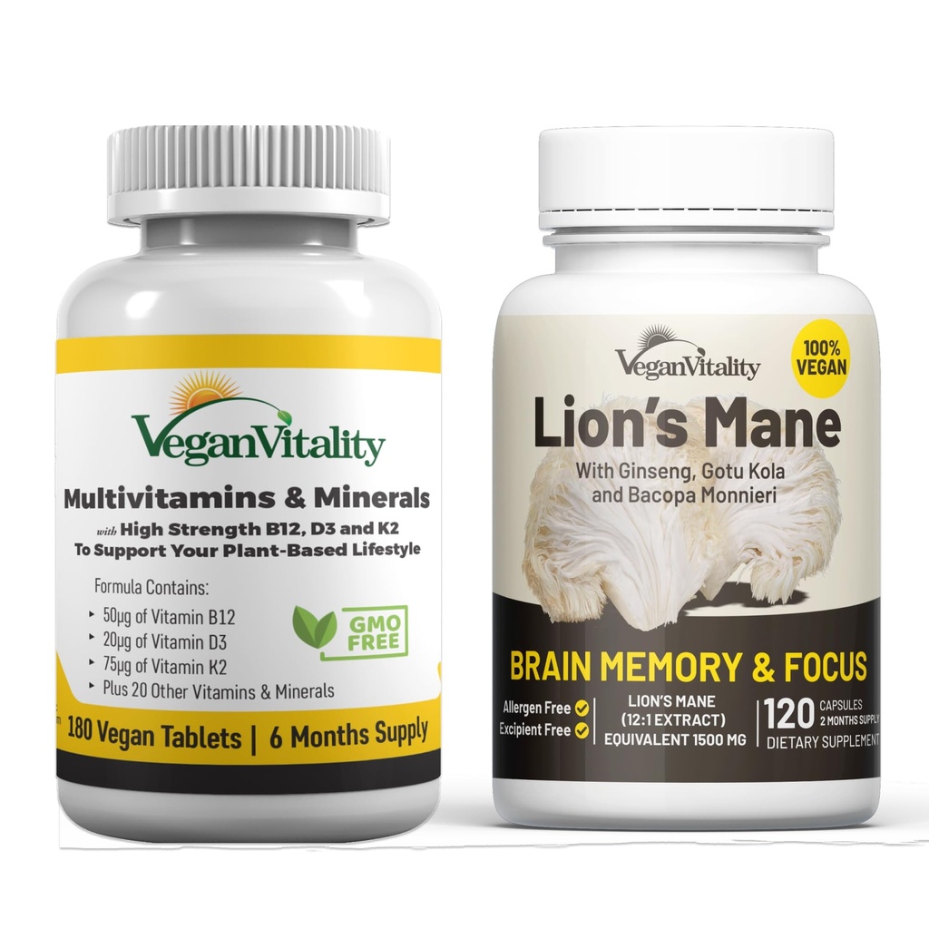 Vegan Vitality Brain Nutrition Bundle - Lions Mane Nootropic Capsules en Vegan Multivitamines. Hoge sterkte Plant-gebaseerde supplementen voor geheugen en focus en algemene gezondheid voor veganisten en vegetariërs
