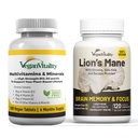 Vegan Vitality Brain Nutrition Bundle - Lions Mane Nootropic Capsules en Vegan Multivitamines. Hoge sterkte Plant-gebaseerde supplementen voor geheugen en focus en algemene gezondheid voor veganisten en vegetariërs