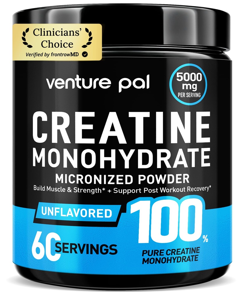 Venture Pal 100% poudre monohydratée de créatine micronisée pure, crème non aromatisée pour les femmes et les hommes, végétalien, kéto, sans gluten, 5 g (5000mg) par portion, Creatina Monohidratada en Polvo