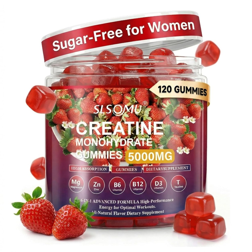 Creatine Gummies voor vrouwen, 5000mg Pre-workout spierkracht & energie-ondersteuning, 0 Suiker Creatine Gummy met L-Taurine, Zink, B12 B6, Aardbei smaak, Vegan - 120 Gummies