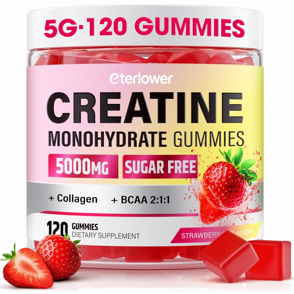 Creatine Monohydraat Gummies, 5g Createine Gummies voor vrouwen & mannen.Pre-workout & spiergroei ondersteuning, Bevat BCAA, Collageen, Sugar-Free, 120 Tellen