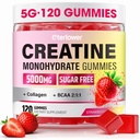 Gommies monohydratées créatine, 5g Gommies créatine pour les femmes et les hommes.Pré-entraînement et soutien de la croissance musculaire, contient BCAA, collagène, sans sucre, 120 comte