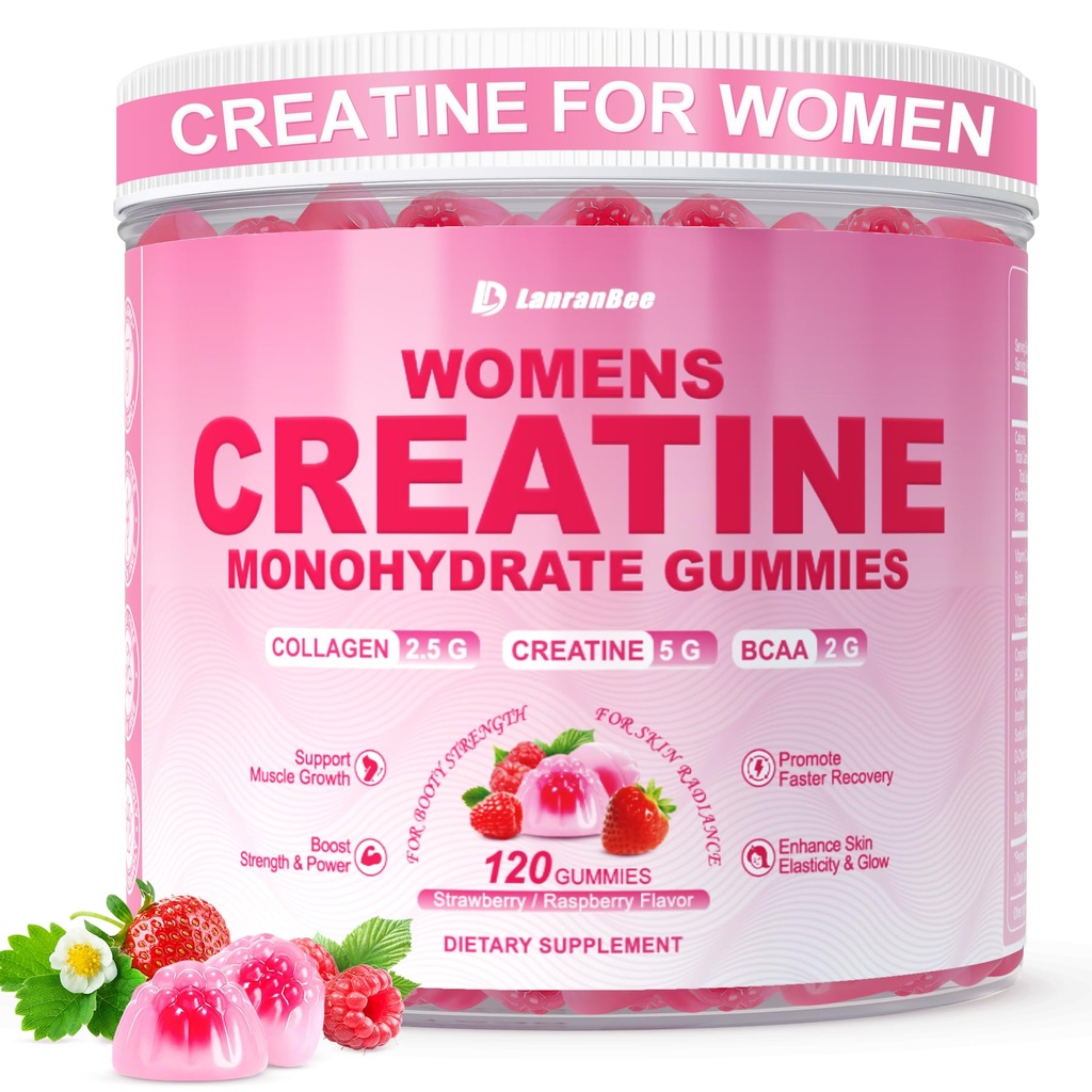 Creatine voor vrouwen, Creatine Monohydraat Gummies met Collageen, BCAA, L-Carnitine & Taurine, Aardbei smaak, Energie Creatine Supplement voor spierkracht, Energie Boost, Suikervrij, 120 Tellen