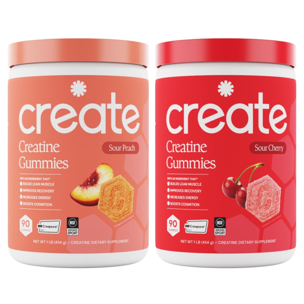 Create Create Createine Monohydrate Gummies - Peach Pump Duo - Sour Peach & Sour Cherry - Createine Gummies for Women & Men, NSF Certified, 3rd Party Tested, Anti-Melt Formula, 180 Count (2-Pack)