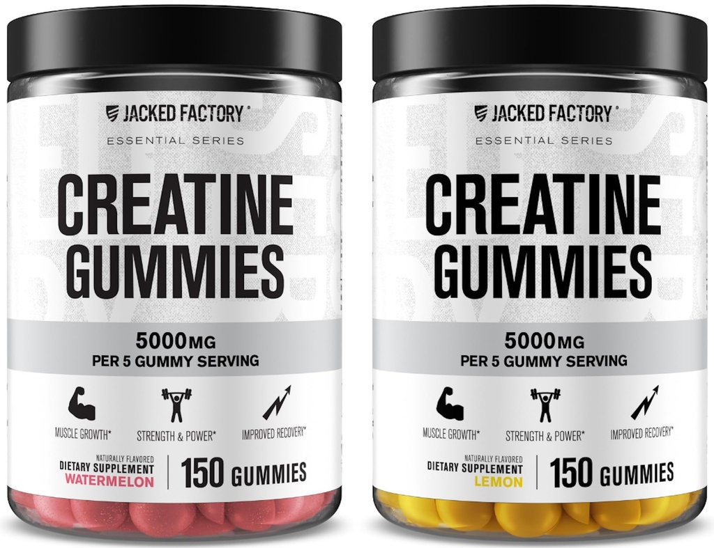 Jacked Factory Creatine Monohydrate Gummies 5g Daily Dose (1g per Gummy) - Creatine Gummy for Men and Women, Vegan-Friendly, Travel-Friendly, Third-Party Tested - 150 Gummies, Watermelon & Lemon
