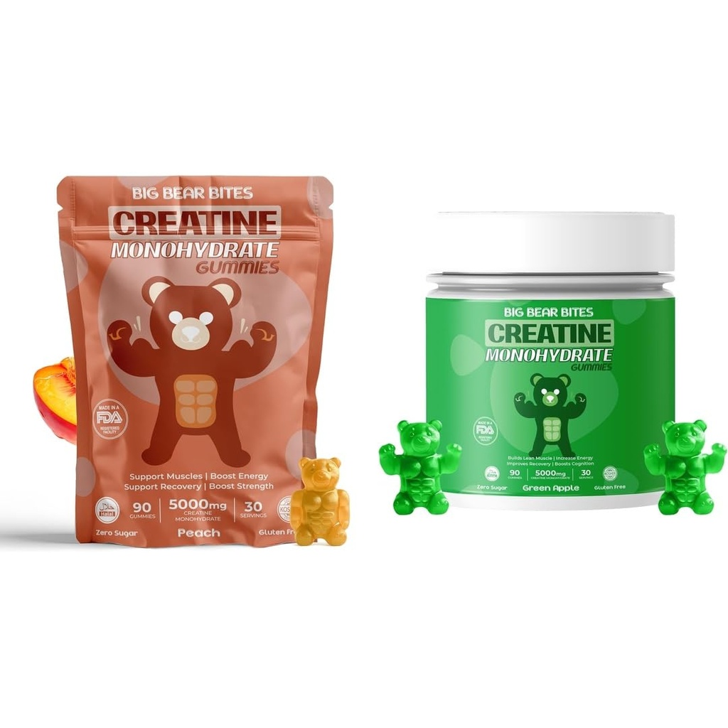Creatine Monohydrate Gummies Bundle – Peach & Green Apple | 5000mg Per Serving | Sugar-Free, Gluten-Free & Halal | 180 Gummies Total (2 x 90 Count) | for Men & Women