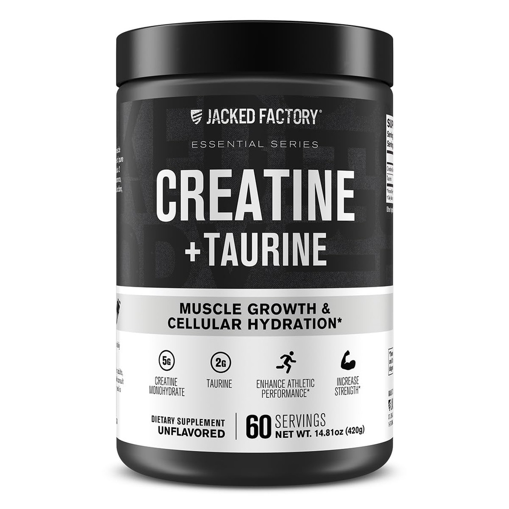 Jacked Factory Creatine + Taurine - Creatine Monohydraat 5000 mg met Taurine 2000mg voor verhoogde spierkracht & cellular hydratatie - 60 porties, ongearomatiseerd