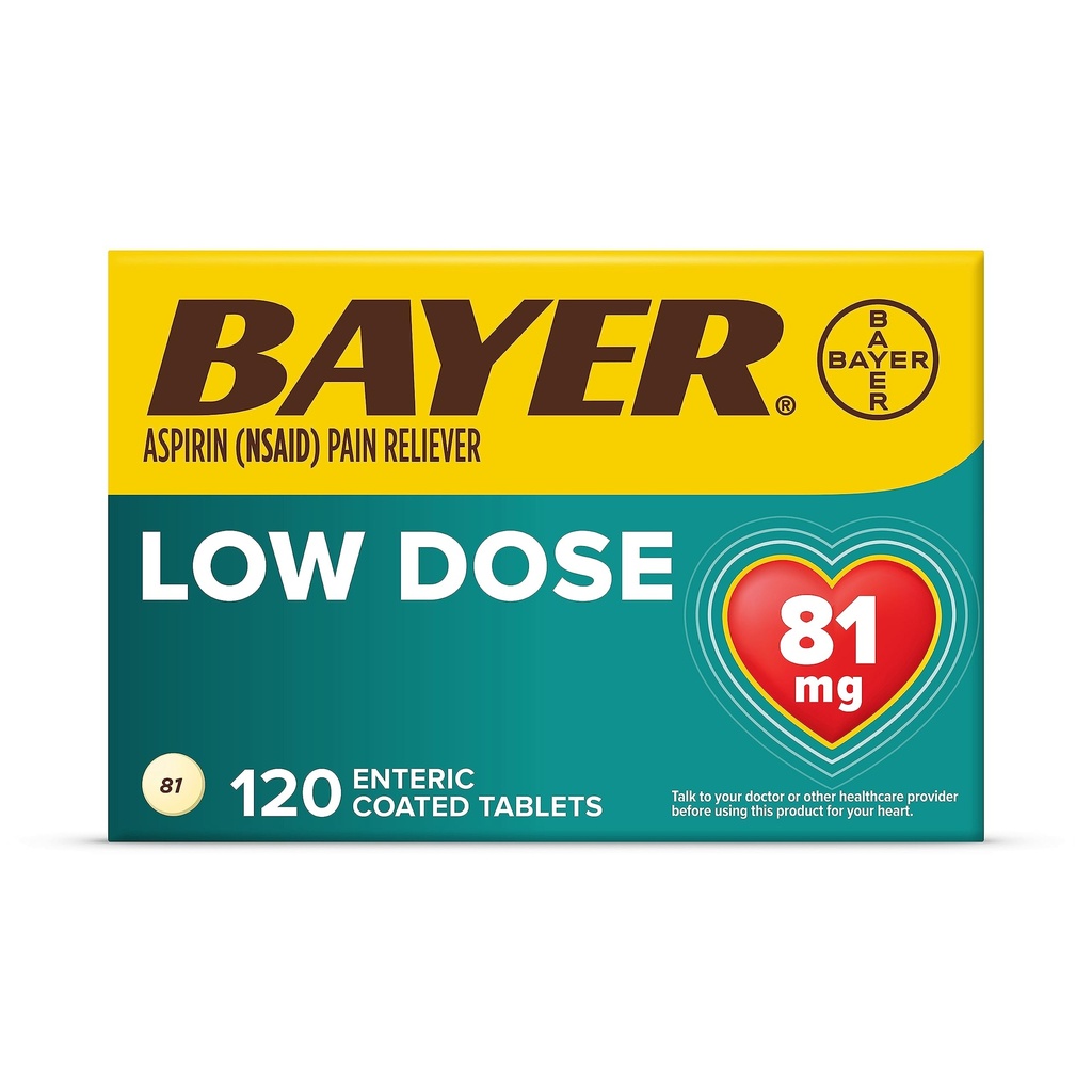 Bayer Aspirine Regimen , 81mg Enteric Coated Tablets, Pain Reliver/Fever Reducer, 120 Tel.