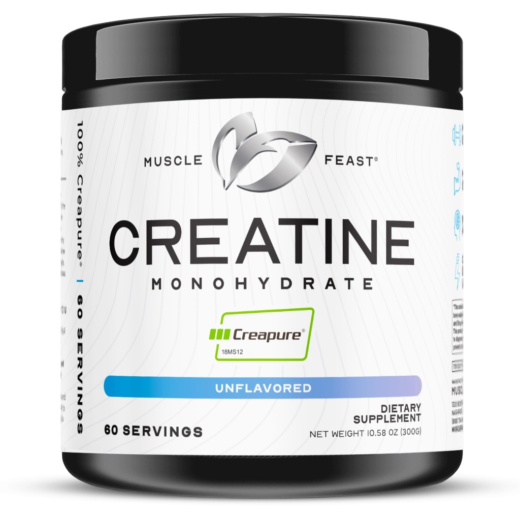 Muscle Feast Creapure Creatine Monohydraat Poeder, Vegan Keto Vriendelijk Glutenvrij, Mass Gainer, Muscle Recovery Supplement en vertrouwde Creatine voor spiergroei, Creatine Powder, Unflavored, 300g