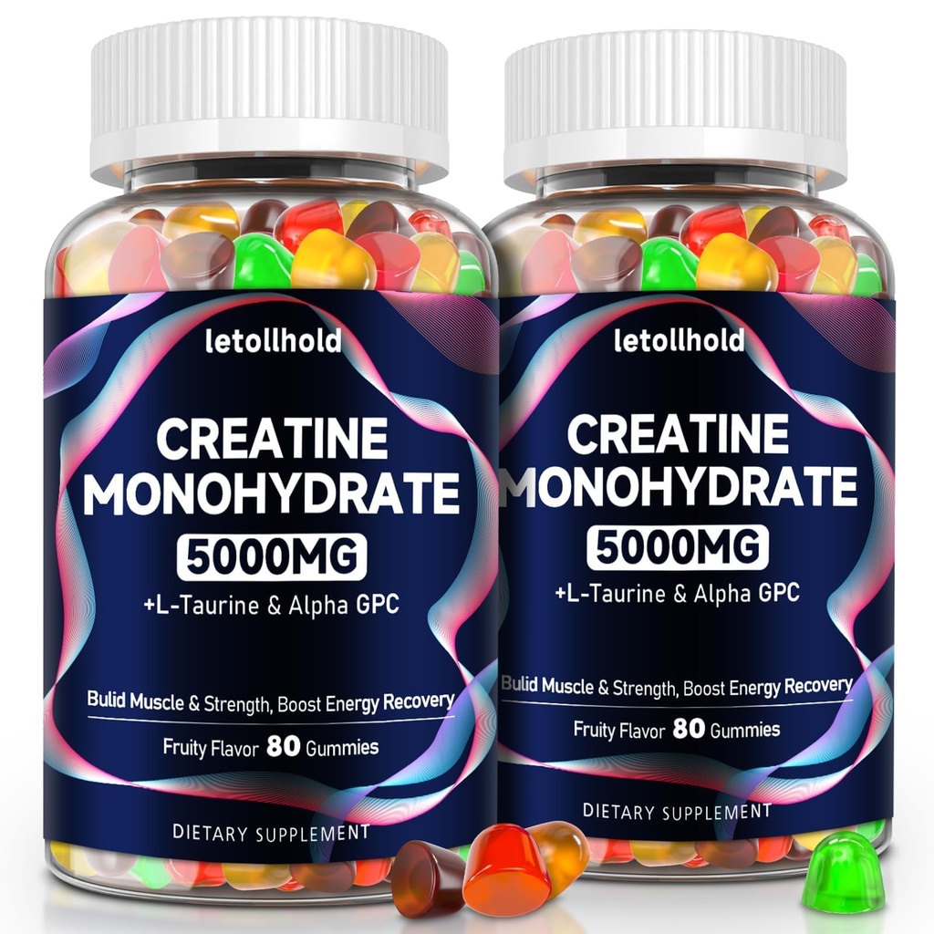 Creatine Monohydraat Gummies 5g voor vrouwen en mannen - Createine Gummies for Women Pre Workout Kauwtabletten met L-Taurine & Alpha GPC, Sugar-Free Muscle Builder, Energy Boost, Vegan Non-GMO (160 Count)