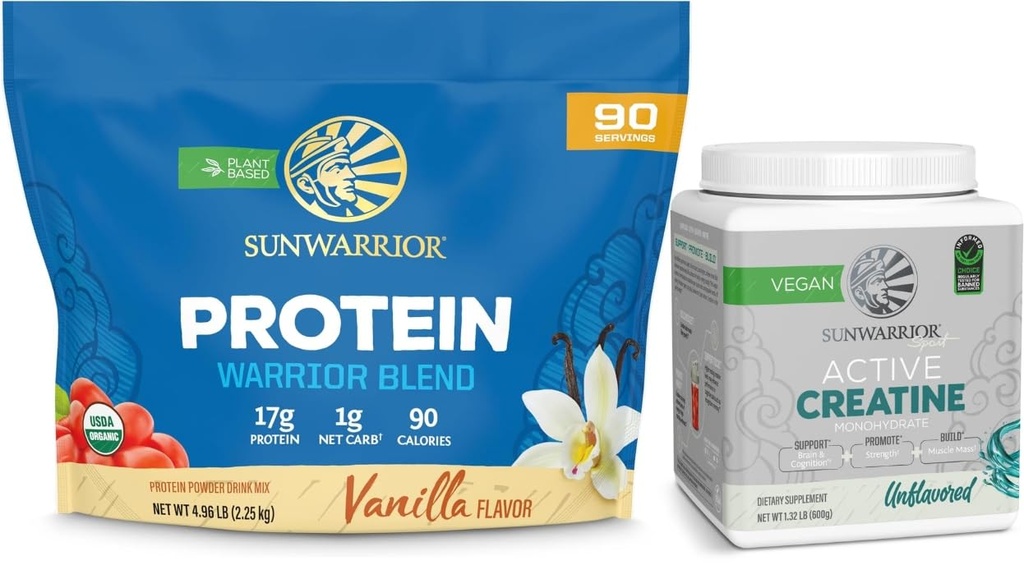 Sunwarrior Creatine Powder & Vanilla Organic Plant Based Protein Powder Set | Bundle & Save | Vegan Organic Protein Plus Unflavored Creatine Monohydrate (120 Servings Unflavored, 90 Servings Vanilla)