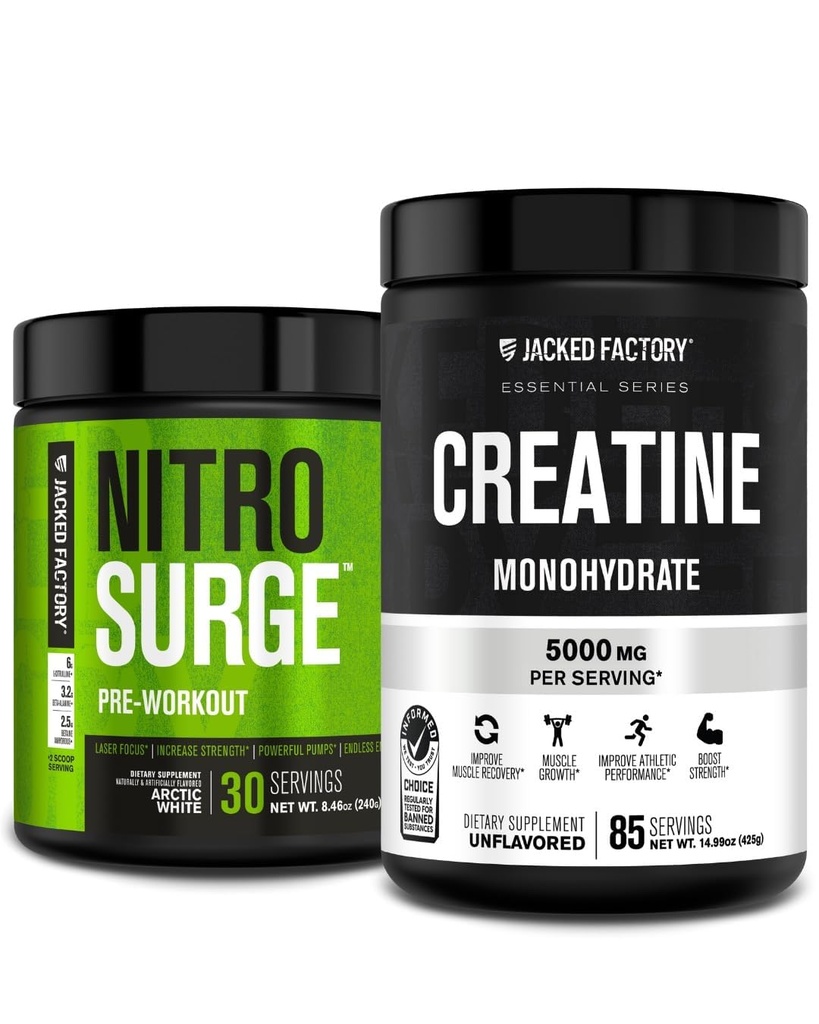 Nitrosurge d'usine Jacked pré-entraînement et monohydrate de créatine - poudre pré-entraînement avec créatine pour la croissance musculaire, la force accrue, l'énergie sans fin - pré-entraînement blanc arctique et créatine non aromatisée