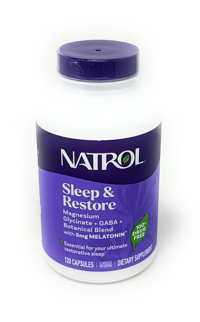 Natrol Sleep & Restore Capsules, 120 Compte, Mélatonine 5mg avec GABA, Magnésium et Vitamine B6, Végétarien, Non-OGM, Essentiel pour votre sommeil de restauration ultime, Sans mélatonine, 60 jours d'approvisionnement