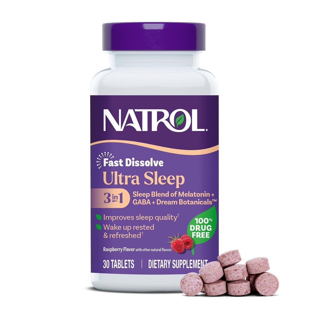 Natrol Ultra Sleep 3-in-1 100% Drugvrije slaaphulp Blend met Melatonine, GABA & Botanicals, Dieetsupplement, Non-Habit vorming, 30 Fast Solution Tablets