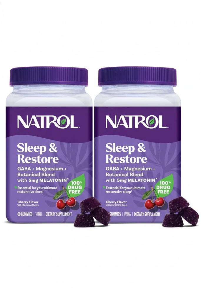 Natrol Slaap + Herstel Magnesium Glycinate Blend Gummies met Melatonine 5mg - Kalm Magnesium met GABA, Botanische Blend, Cherry Flavor, 60 Gummies (Pack of 2)