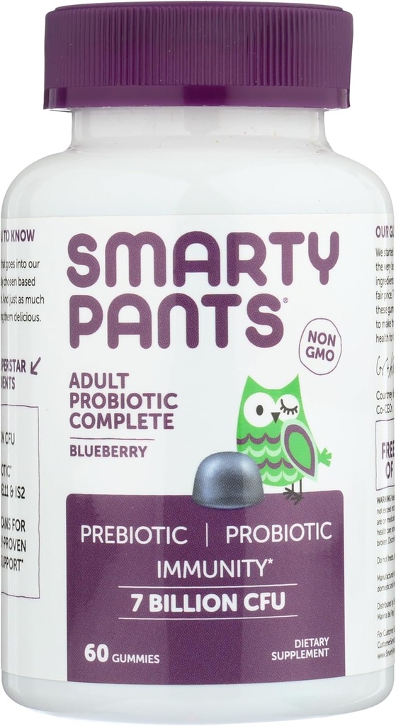 SmartyBants Mannen & vrouwen Probiotic Immunity Gummies: Prebiotics & Probiotics for Digestive Health & Immune Support Supplement, Glutenvrij, Veganistisch, Blueberry Flavor, 60 Tellen (30 Dagen Levering)
