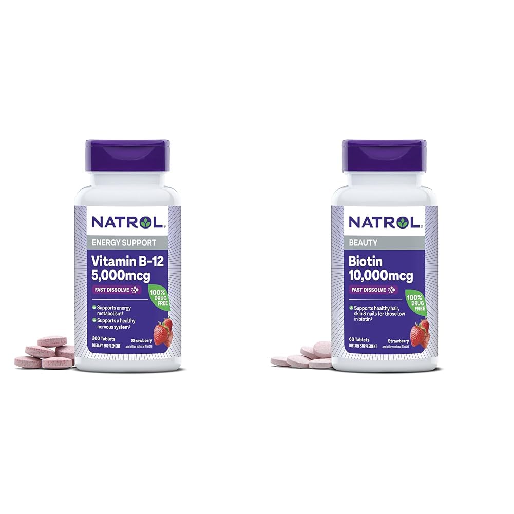 Natrol Vitamine B-12 5000 mcg 200 tabletten & Biotin 10000 mcg 60 tabletten voor cellulaire energie, gezond zenuwstelsel, haar, huid en nagels