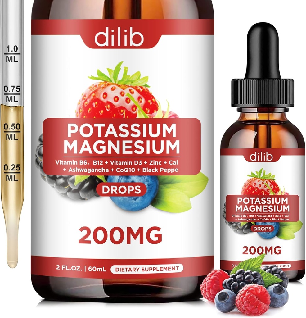 Kalium Magnesium Citrate Supplement, Vloeibare Magnesium Citrate Drops 200mg met Ashwagandha, Calcium, Zink, Vitamine D3, B6, B12, CoQ10 - Vegan 2 fl oz Mix Berry Flavor