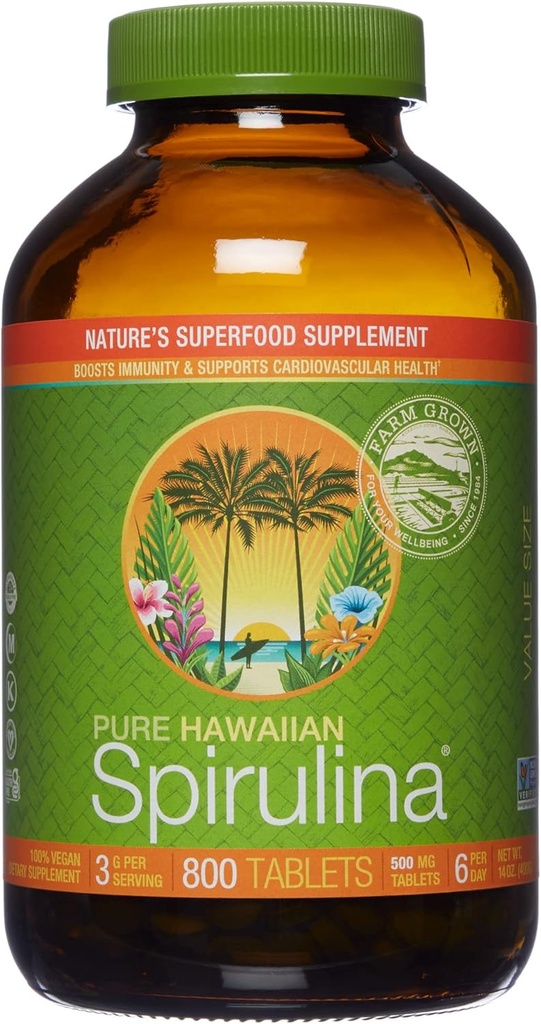 Nutrex Hawaii, Pure Hawaiian Spirulina 500 mg, Vegan, Ondersteunt immuunsysteem, hart, cellen en energie, 800 tabletten