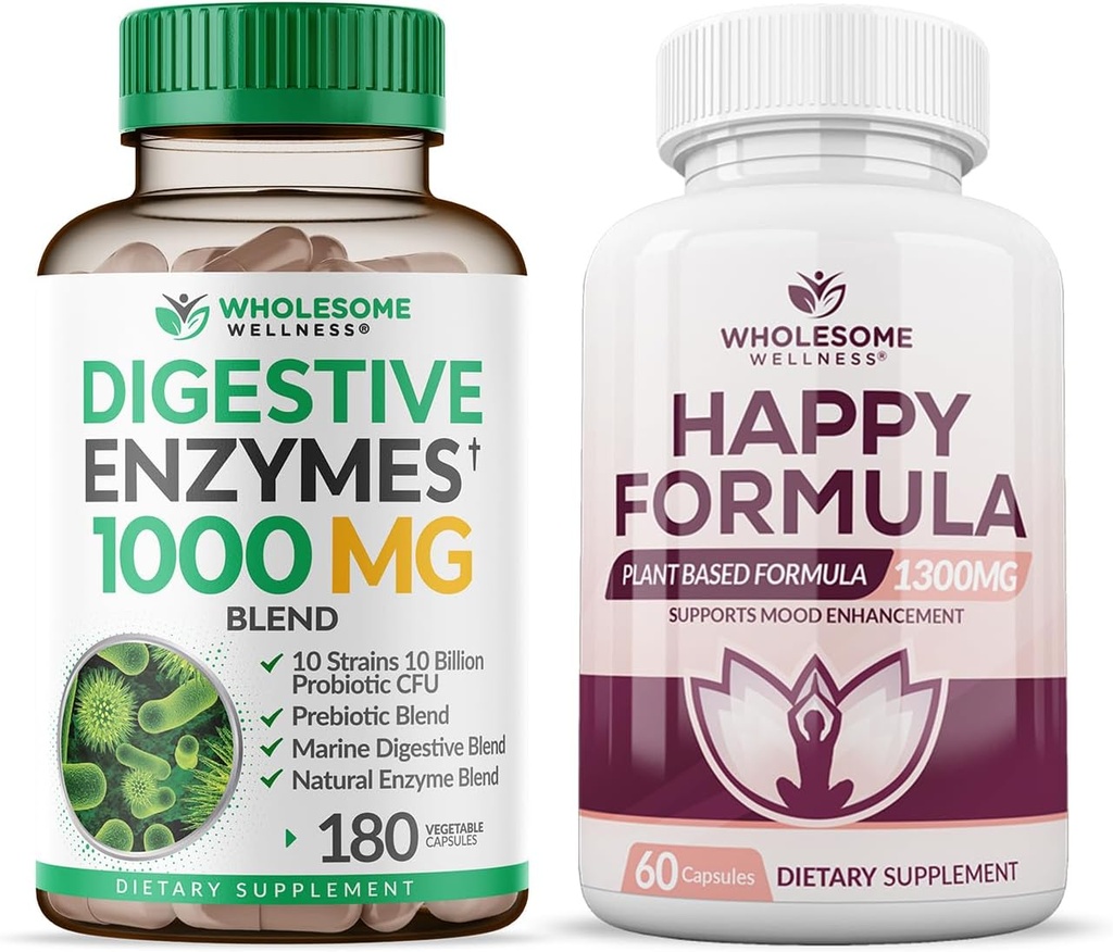 Gezonde Wellness Digestieve Enzymen 1000MG Plus Prebiotica & Probiotica Supplement + Gelukkige Formule Natuurlijke Stress Formule Relief Supplement voor Vrouwen & Mannen Bundle