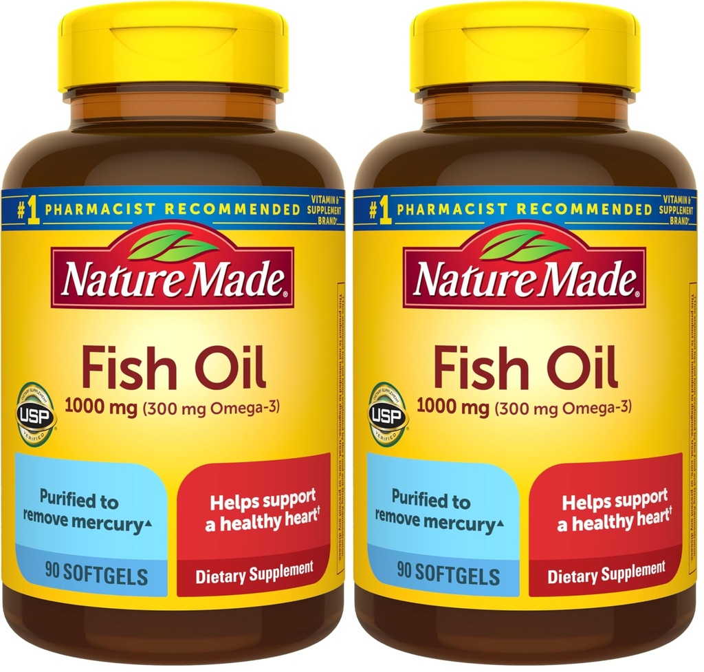Nature Made Fish Oil Omega 3 Supplementen, 1000 mg Softgels, Omega 3 Visolie voor gezonde hartondersteuning, 90 Softgels, 45 dagen levering (pakket van 2)