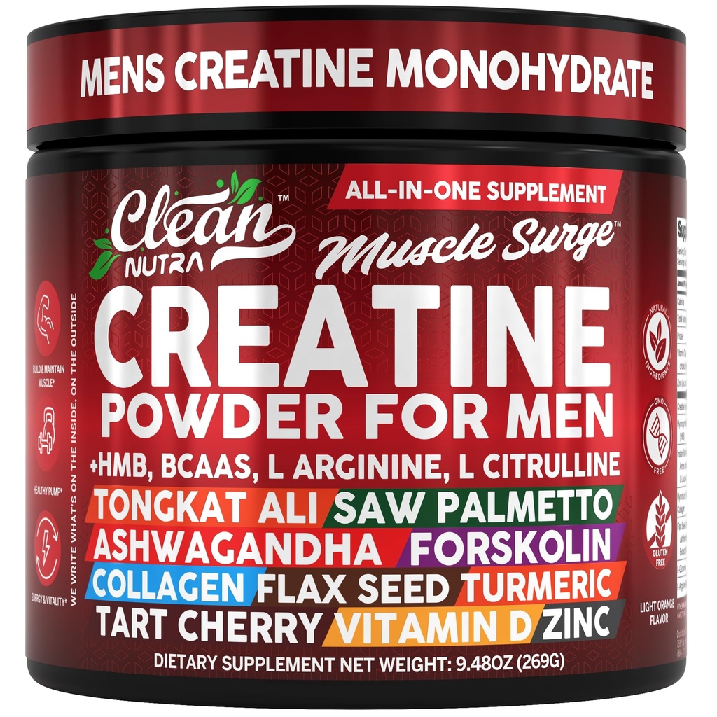 Clean Nutra Createine Powder for Men + HMB BCAA L Arginine L Citrulline Tongkat Ali Saw Palmetto Ashwagandha Collageen Flax Seed Turmeric Preworkout Stevia Nitric Oxide L Glutamine Aminozuren