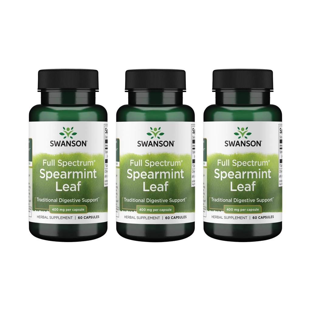 Swanson Spearmint Leaf (Mentha Spicata)-Volledig Spectrum Kruidensupplement ter ondersteuning van spijsverterings- en milde maagproblemen - (60 capsules, 400 mg Each) 3 Pack