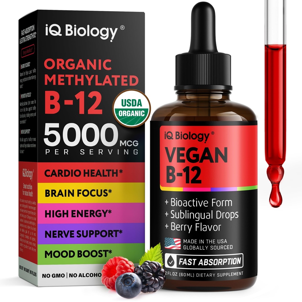 Vitamine biologique B12 gouttes liquides - Méthylcobalamine sublinguale 5000 mcg - Méthylated B-12 Forme de coenzyme active - Support du système d'énergie et de nerf - Vit végétalien B 12 - É.-U. Fabriqué - Flaveur de baies - 60 portions