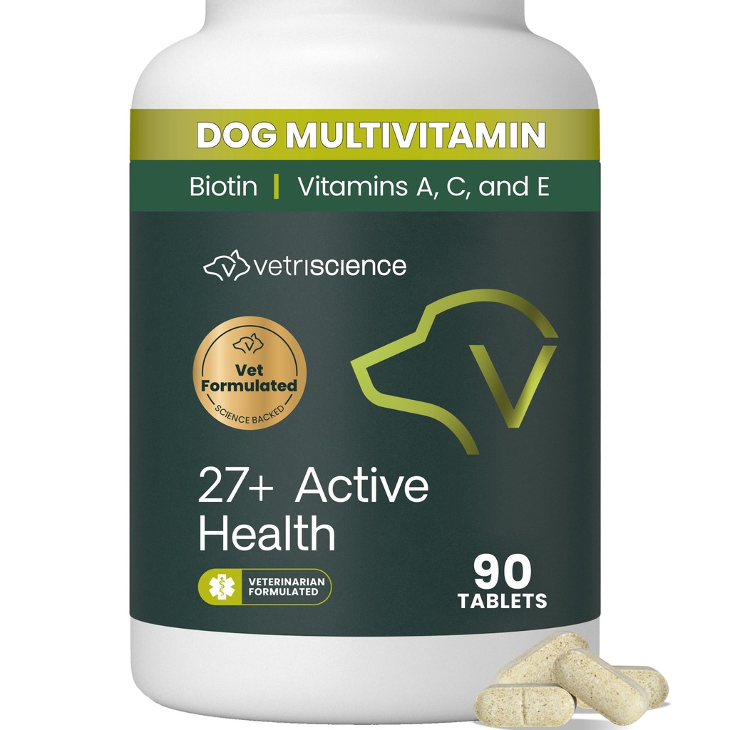 VetriScience 27+ Active Health Kauwtabletten, Canine Plus Dagelijkse Multivitamine voor Puppies en volwassen honden, Balanced Vitaminen, Mineralen en Antioxidanten, Gezondheid en Wellness Ondersteuning, Eend, 90 Tellen