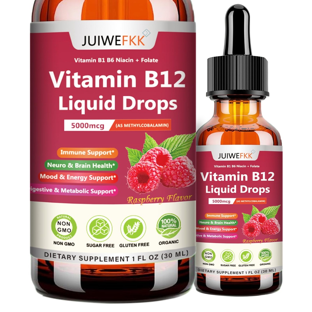 Liquid Vitamin B12 Drops 5000 mcg - Extra Strength B12 Methylcobalamin with B1 B6 B3 Folate Niacin - Fast Absorption Sublingual B-12 Drops for Energy Metabolism & Brain Function, Vegan B Complex