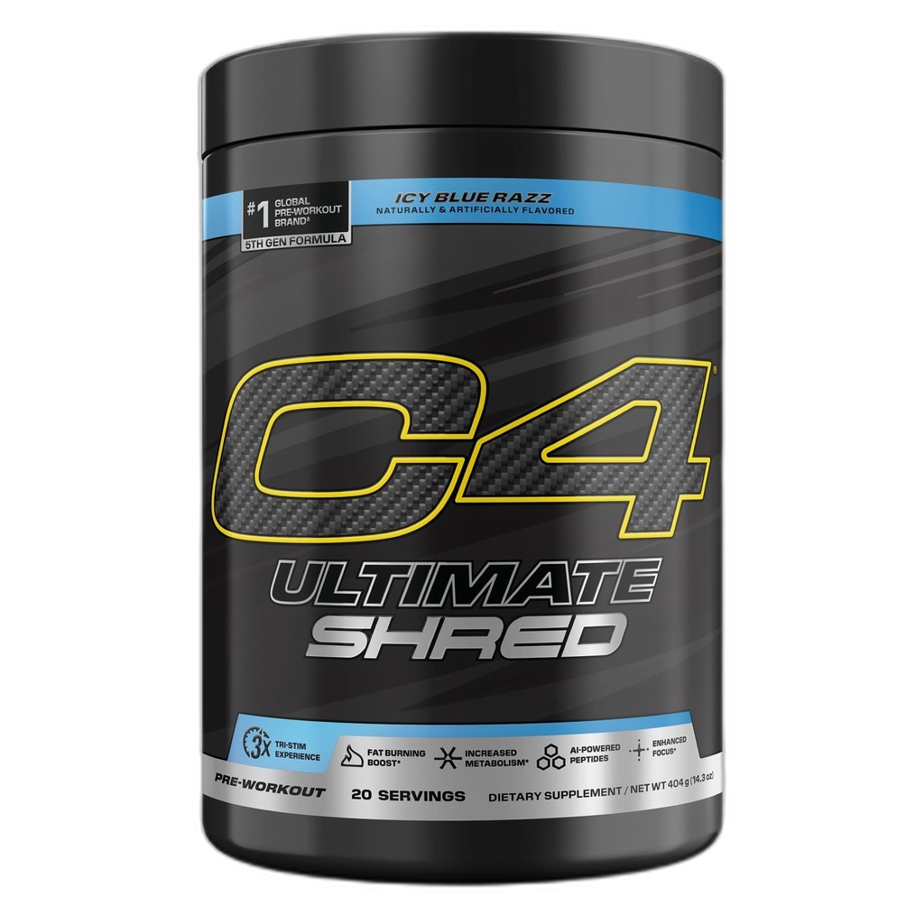 Cellucor C4 Ultimate Shred Pre Workout Powder, Fat Burner for Men & Women, Weight Loss Supplement with Ginger Root Extract, Icy Blue Razz, 20 Servings