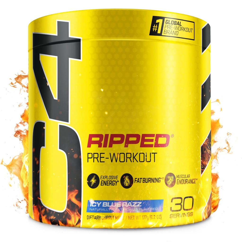 C4 Ripped Pre Workout Poudre pour l'énergie, Beta Alanine, Zero Sugar Energy Supplément Preworkout pour les hommes et les femmes - 150mg Caféine + Sans créatine - Icy Blue Razz - 30 portions