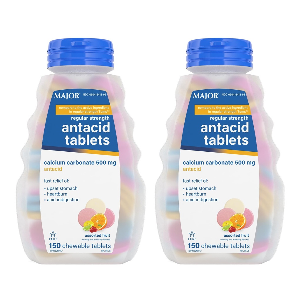 MAJOR Regular Strength Antacid Tablets - Calcium Carbonate 500 mg - Assorted Fruitsmaak - 150 Kauwtabletten (2 Pack)