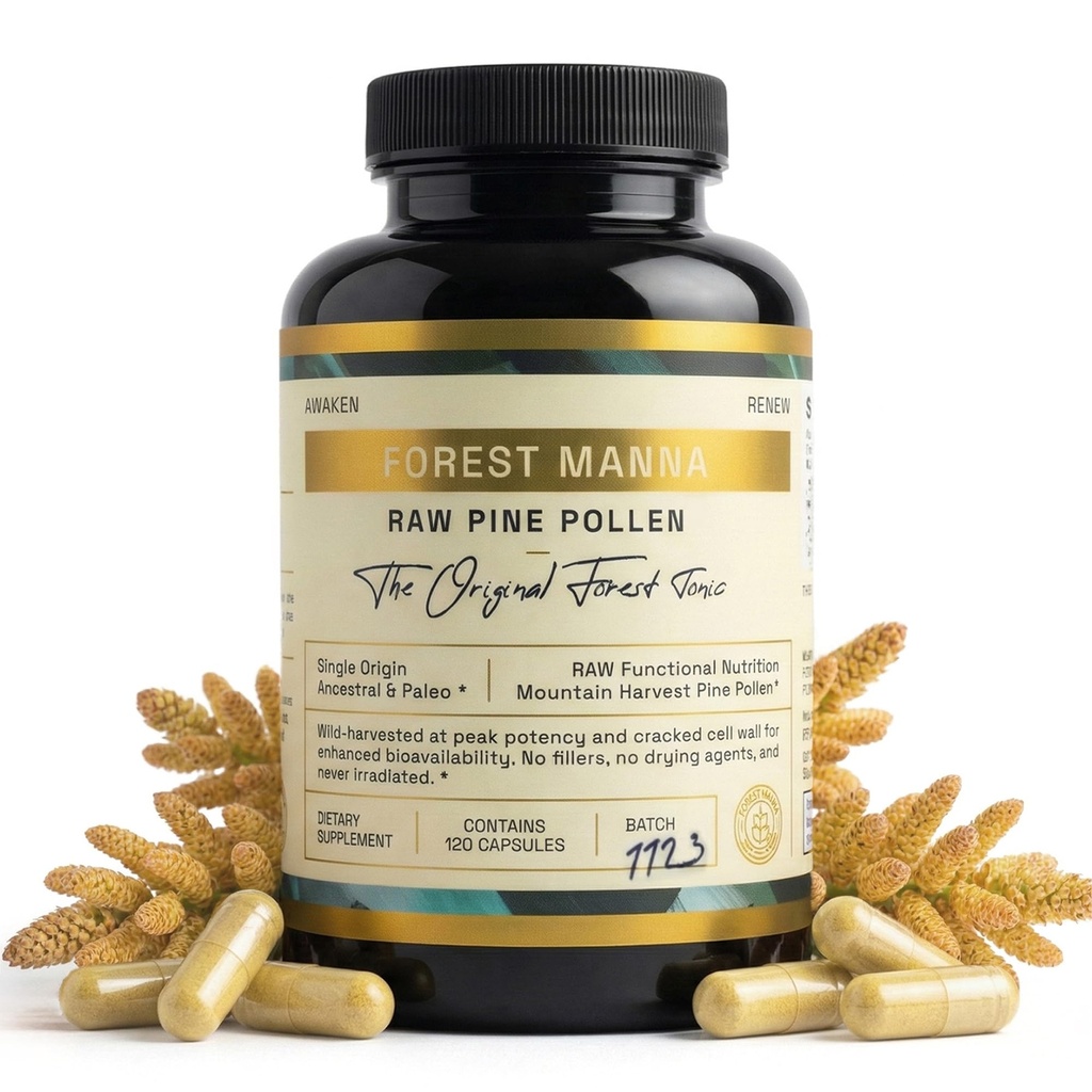 Forest Manna RAW Pine Pollen Capsules – Adaptogenic Functional Nutrition – Single Origin Pine Pollen – Vegan, Gluten-Free, & Non-GMO – 120 Capsules