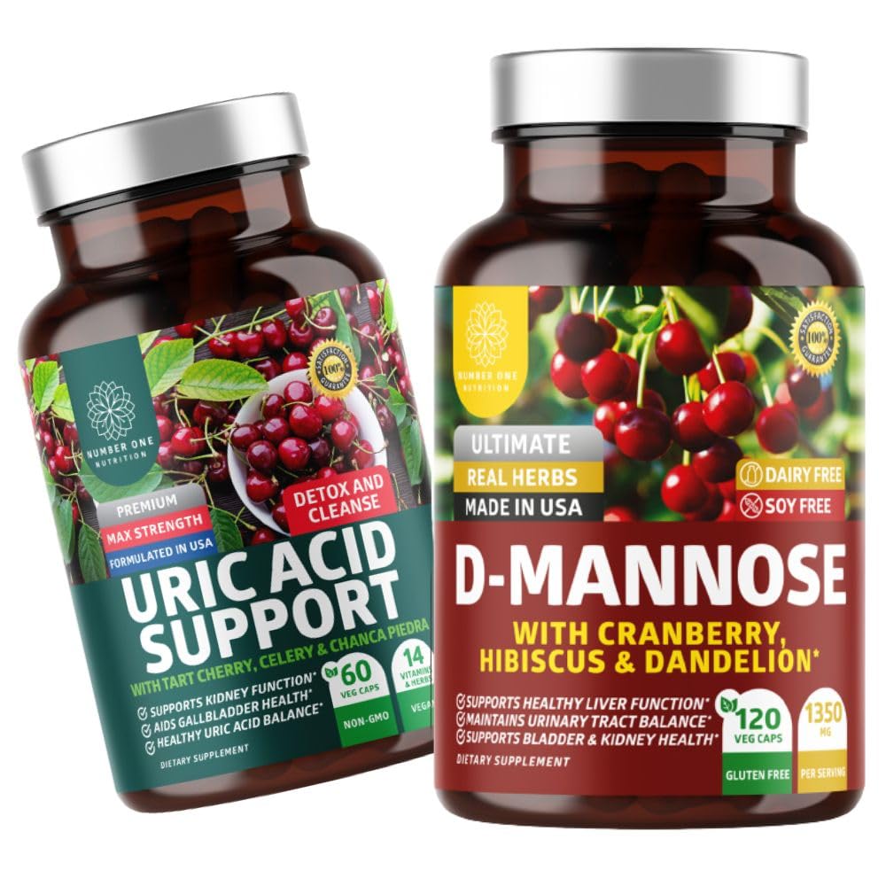 Number One Nutrition N1N Premium D-Mannose met Cranberry & Hibiscus [1350mg], 120 Capsules en Uric Acid Support met 14 Krachtige Kruiden, 60 Capsules, 2 Pack Bundle