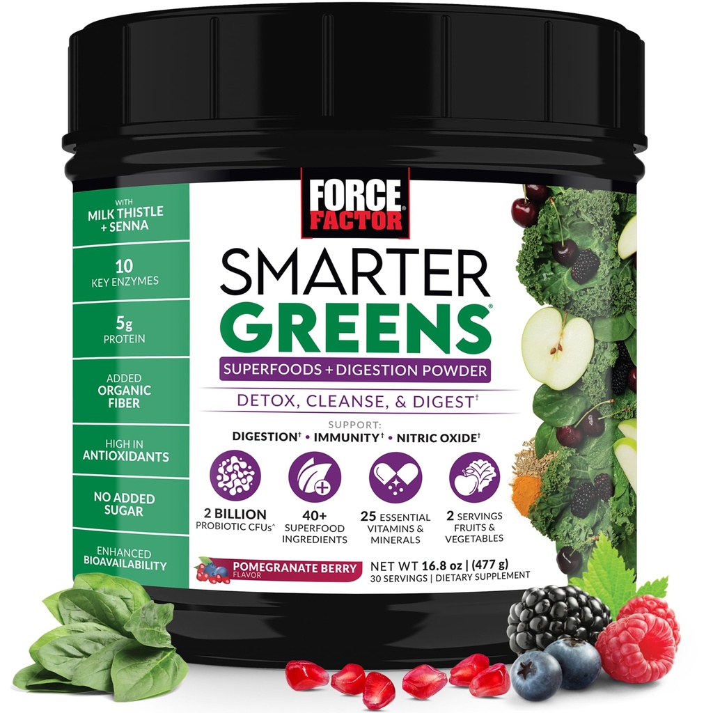 Force Factor Slimmere Groenen Superfoods Poeder ter ondersteuning van spijsvertering, Gut Health, opgeblazen, Greens Poeder met Probiotica, Prebiotica, Digestieve Enzymen, & Adaptogenen, Granaatappelbessen, 30 porties