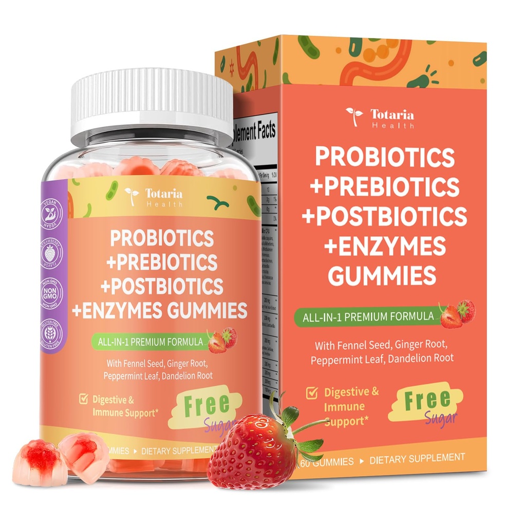Totaria Sugar Free 5-in-1 Probiotic Prebiotic Postbiotic Gummy, 36 Strains Probiotics for Women Mannen met spijsverteringsenzymen, pepermunt, Complete Immune, Gut & Digestieve Ondersteuning, Veganistisch, 60 Tellingen