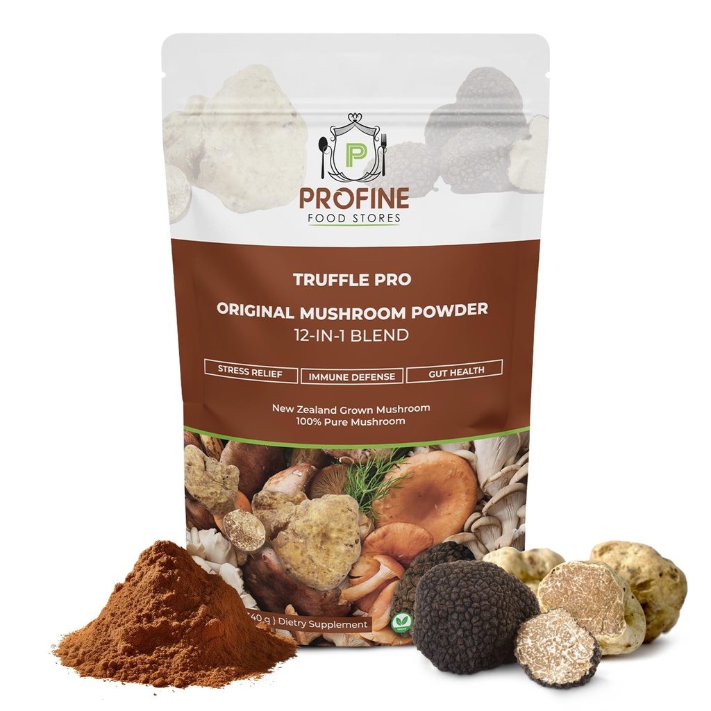 PROFINE Truffel PRO Mushroom Poeder 12-in - 1 Super Blend met zwarte Truffel en witte Truffel - USDA Organic - Supplement - Toevoegen aan Koffie/thee/Smoothies - Whole Paddestoelen - Geen vulstoffen