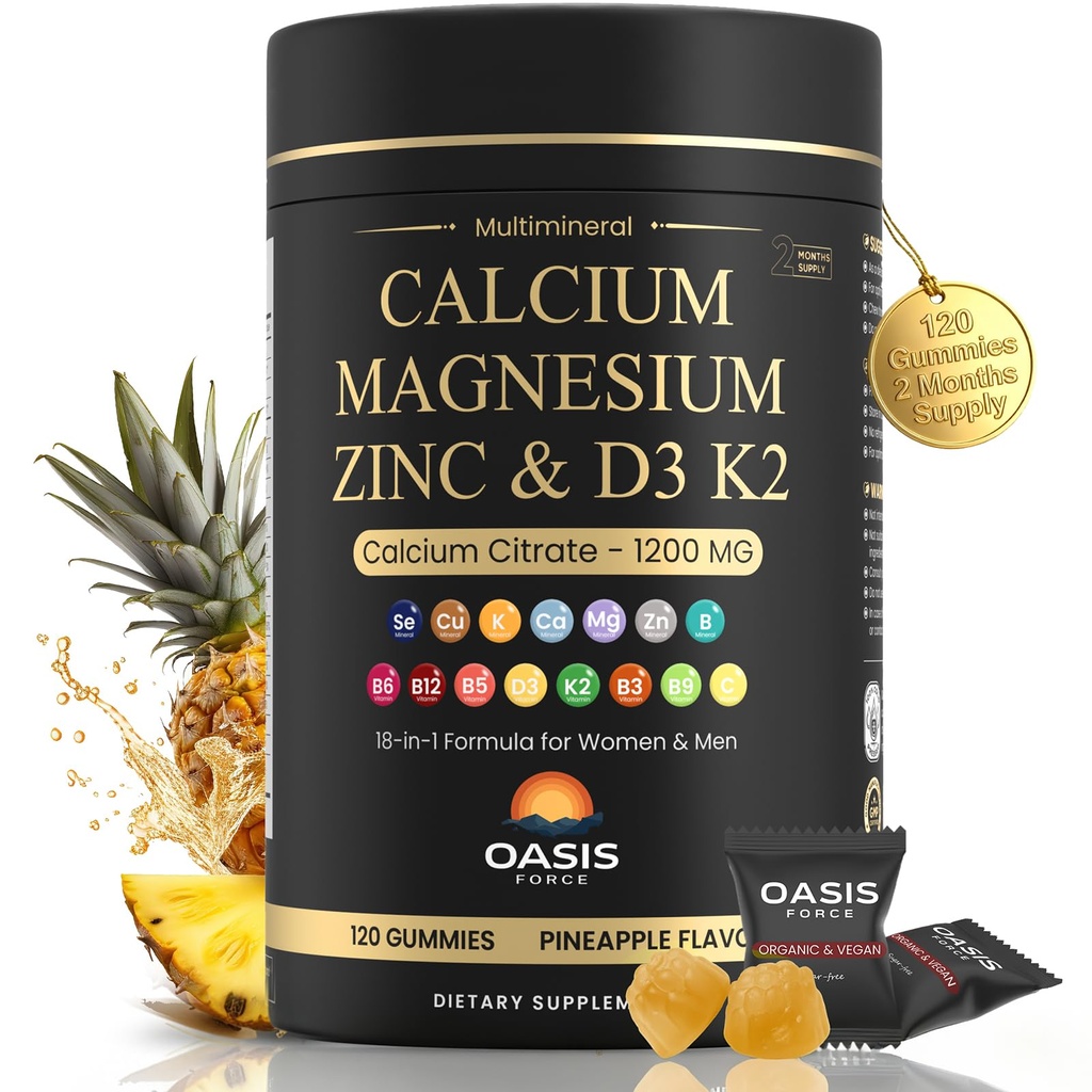 Calcium 1200 mg with Vitamin D3 Gummies, Calcium Citrate Supplements for Women & Men with Magnesium, Zinc, Vitamin D3 & K2, Potassium, Chews for Bone Strength & Muscle Support, Sugar Free, Vegan