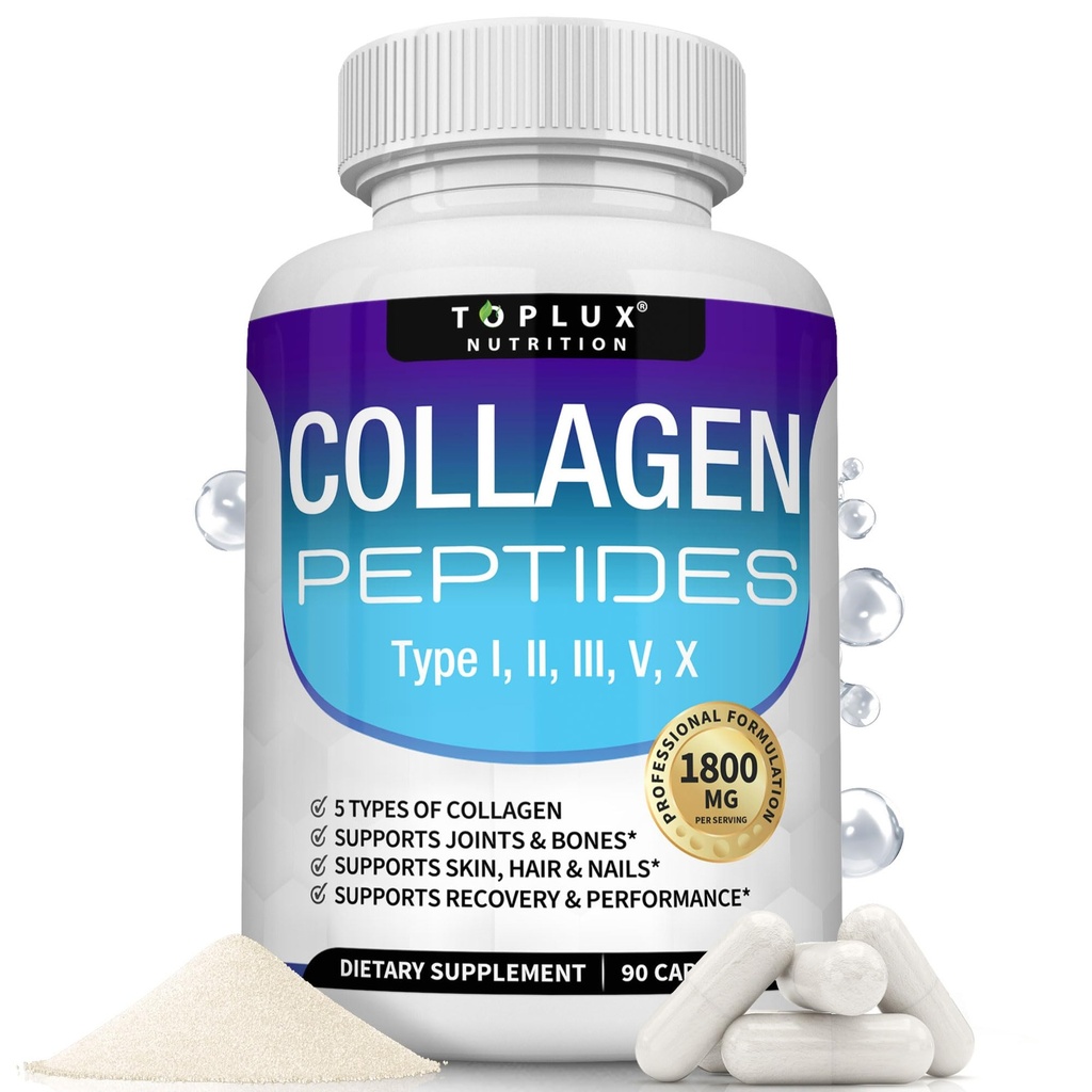 Toplux Multi Collageen Peptides Pillen 1800 Mg Complex - Type I, II, III, V, X Premium Collageen Complex for Better Skin & Hair, Strong Joint, Hydrolyzed Protein, for Men Women, 90 Capsules, Supplement