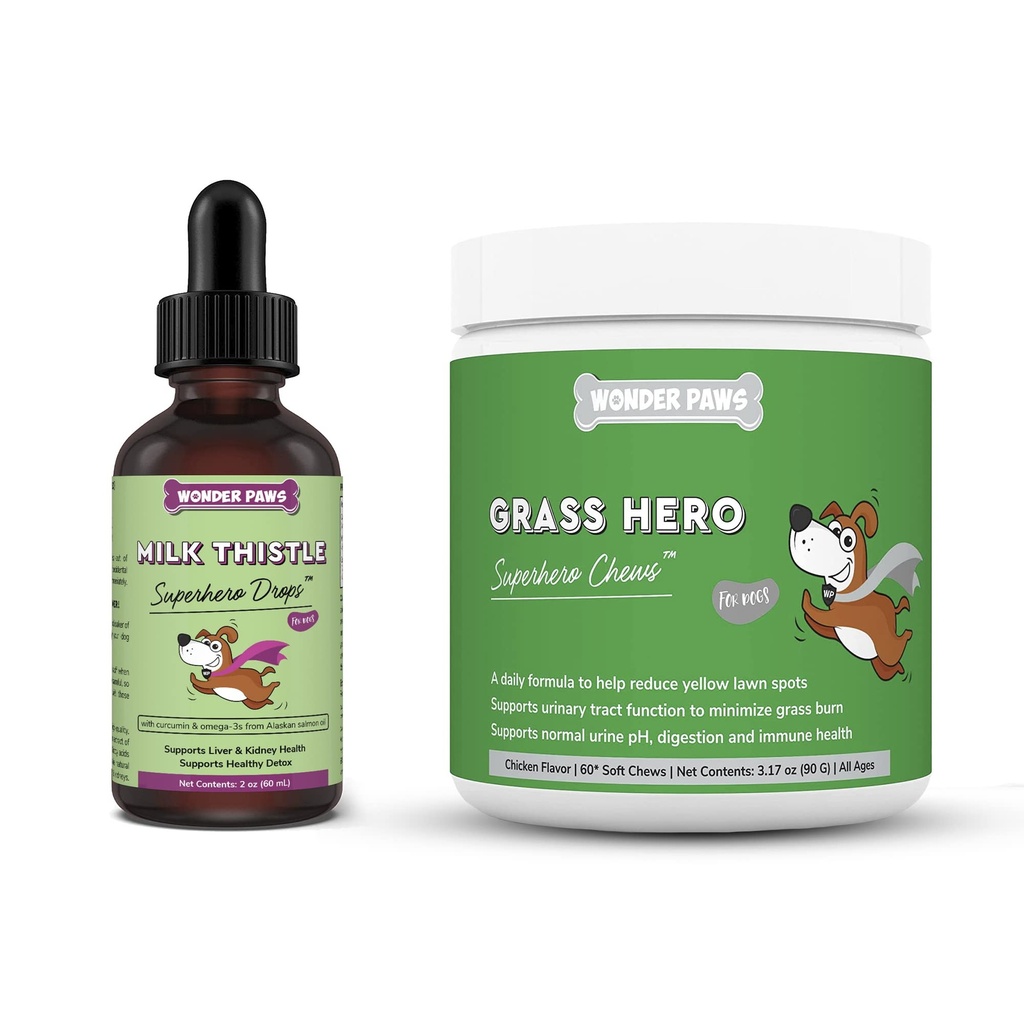 WONDER PAWS Milk distel druppels Plus Grass Hero Zachte Kauwen - voor honden lever en nieren Ondersteuning, Detox & urinetrek gezondheid - Melk distel 2 Ounces - Grass Hero 60 Kauwen