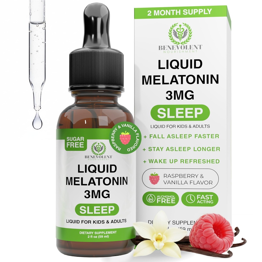 Benevolent Liquid Melatonine Drops for Adults and Kids 3mg - Melatonine Liquid as Fast-Acting sleep Aid to Fall Asleep Faster & Langer - Non-GMO & Made in USA - Berry Vanilla Flavor, 2 maand aanbod