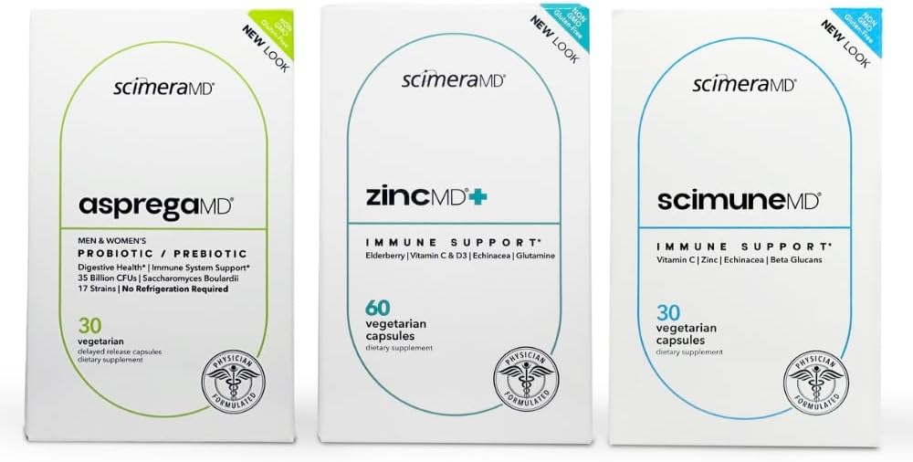 ScimeraMD® AspregaMD 30CT Probiotic + Prebiotic, ScimeraMD® ScimuneMD 30CT Immune Support and ScimeraMD® ZinkMD Immune Support Supplement for Digestief Health and Immune System Support