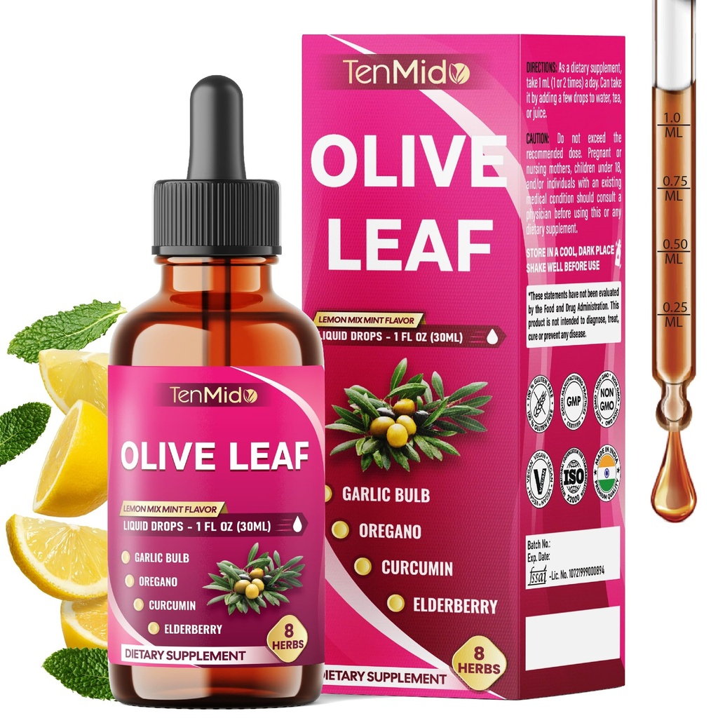 Olive Leaf Extract Liquid - 8in1 with Garlic, Oregano, Curcumin, Elderberry, Dandelion, Ginger, and Peppermint - Vegan, Non-GMO - 30ml 1 Fl Oz