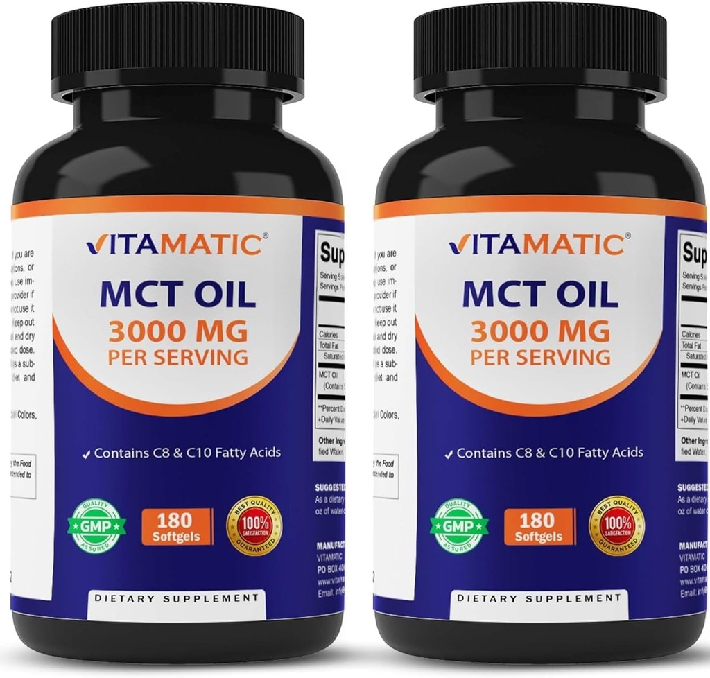 Vitamatic 2 Packs MCT Oil Capsules 3000 mg par portion - 180 Softgels - de l'huile de coco - Contient 55% d'acide caprylique C8 et 40% d'acide capric C10 (Total 360 Softgel)
