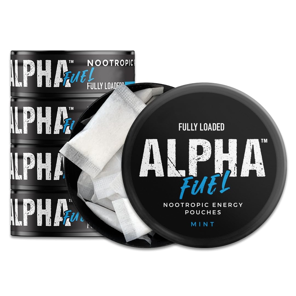 Volledig geladen Alpha Fuel Nootropic Pouches (Mint Fuel) - 5 blikken, 15 zakjes per blik - Nootropic Energy Pouches met Cafeïne, Alpha GPC, Tyrosine, Taurine, Guarana en meer.