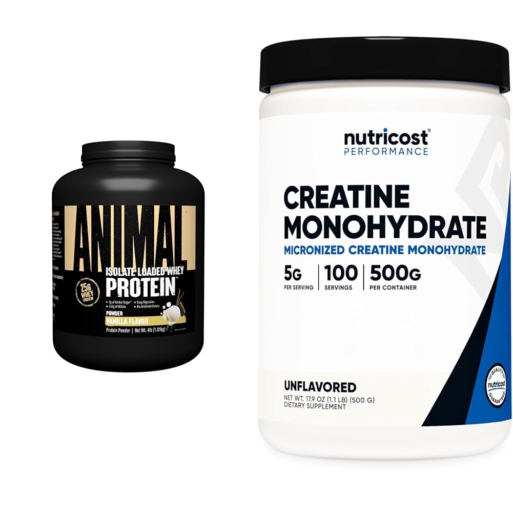 Animal Whey Isolate Protein Powder Vanilla 4 lbs & Nutricost Creatine Monohydrate Micronized Powder 500G Pre Post Workout Muscle Builder