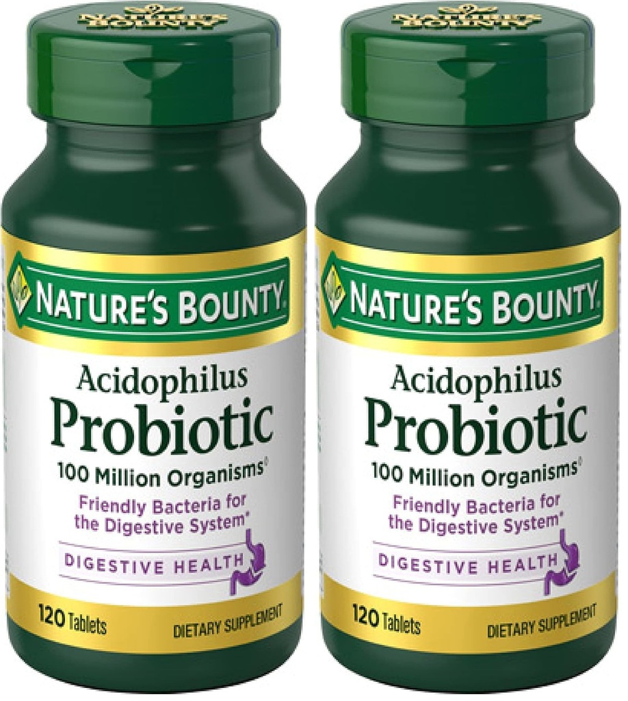 Nature's Bounty Lactobacillus Acidophilus Probiotic Supplement - Daily Probiotic for Women/Men Digestive Health,100 Million Organisms,Vegetarisch,1 Serving per Day,120 Tablets,(Pack of 2)