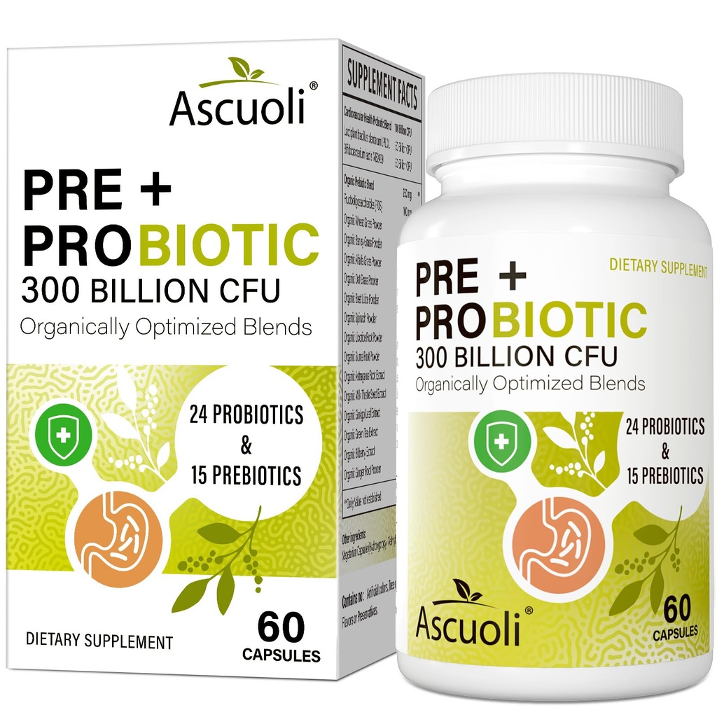 Ascuoli Probiotica voor vrouwen & mannen - 300 miljard CFU, 24 Strains Probiotica + 15 Biologische Kruiden Blend, Dagelijks Probiotica voor spijsverteringsgezondheid, Immune, Gut, Bloating - 60 Capsule