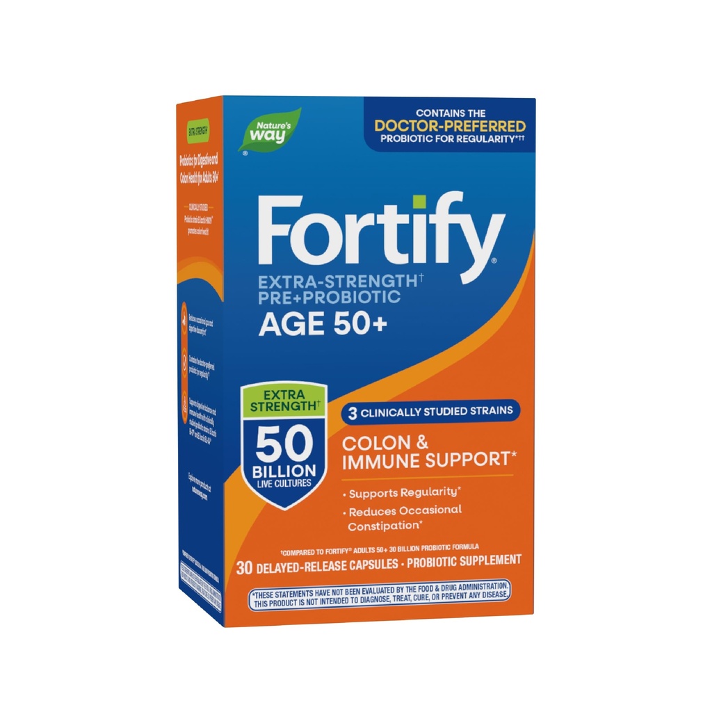Nature's Way Fortify Extra Strength(1) Adultes probiotiques 50+, 50 milliards de cultures vivantes, prébiotiques, probiotiques pour la santé digestive*, soutien immunitaire*, santé des colonies*, 30 capsules